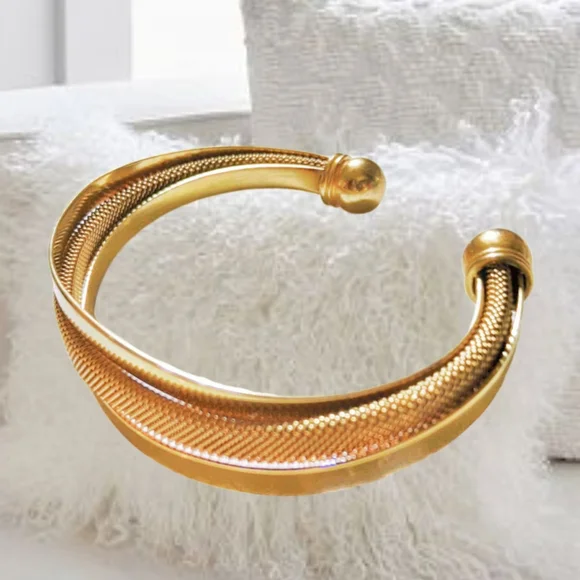 HOB, Asymmetric Mesh Bracelet, Stainless Steel, 18K Gold Overlay, Cuff  … - Picture 4 of 6